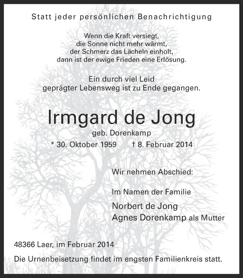 Traueranzeigen Von Irmgard De Jong Sich Erinnern De