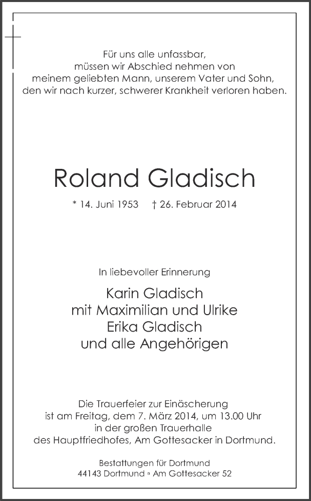  Traueranzeige für Roland Gladisch vom 01.03.2014 aus Ruhr Nachrichten