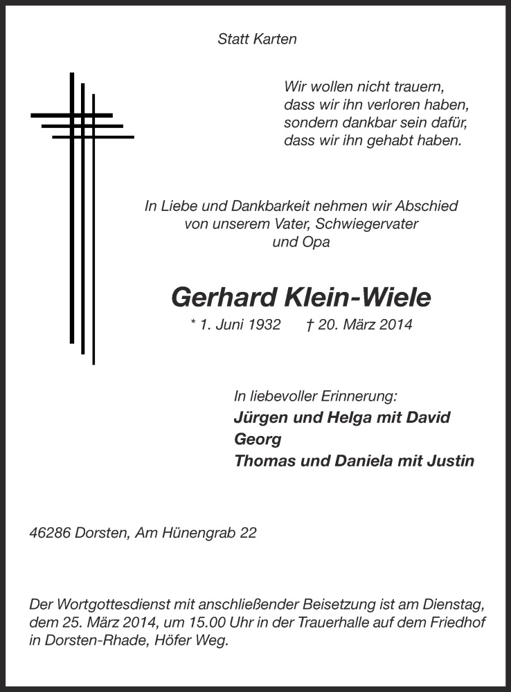  Traueranzeige für Gerhard Klein-Wiele vom 22.03.2014 aus Ruhr Nachrichten und Dorstener Zeitung