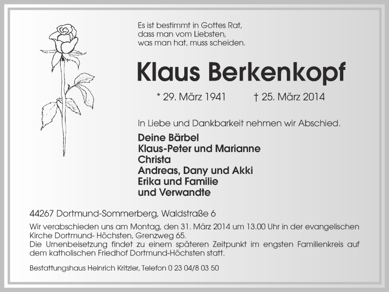  Traueranzeige für Klaus Berkenkopf vom 27.03.2014 aus Ruhr Nachrichten