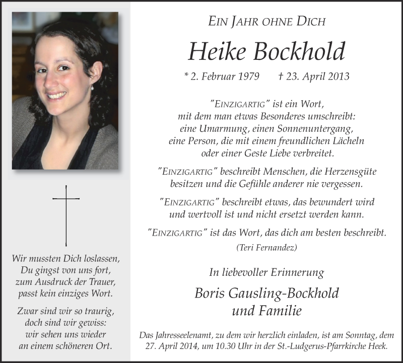 Traueranzeige für Heike Bockhold vom 23.04.2014 aus Münstersche Zeitung und Münsterland Zeitung