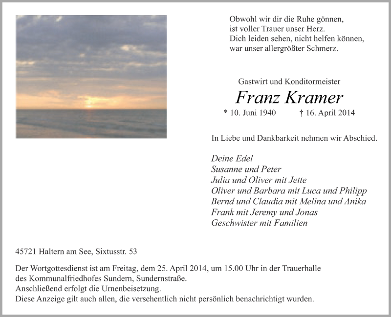  Traueranzeige für Franz Kramer vom 23.04.2014 aus Ruhr Nachrichten und Halterner Zeitung