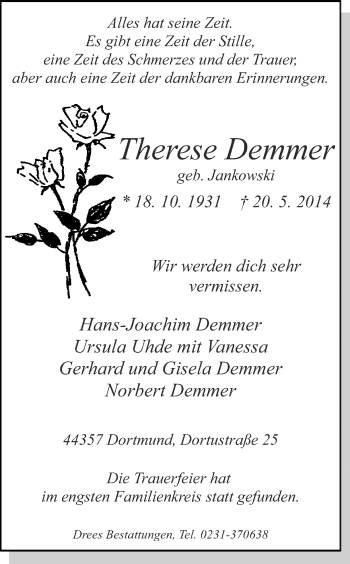 Traueranzeige von Therese Demmer von Ruhr Nachrichten