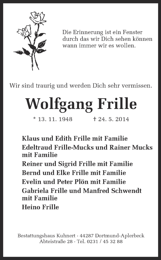  Traueranzeige für Wolfgang Frille vom 06.06.2014 aus Ruhr Nachrichten