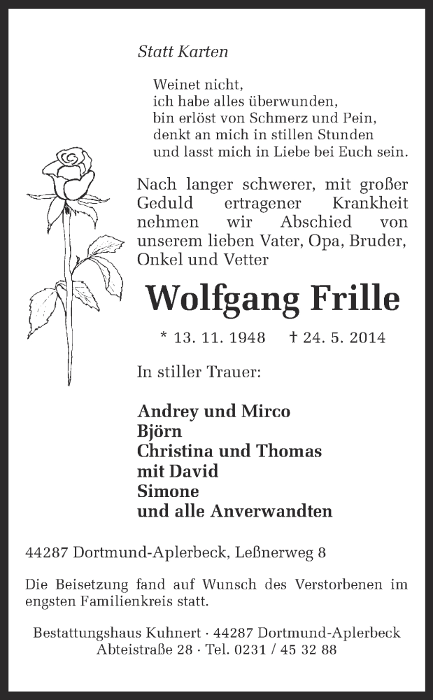  Traueranzeige für Wolfgang Frille vom 13.06.2014 aus Ruhr Nachrichten