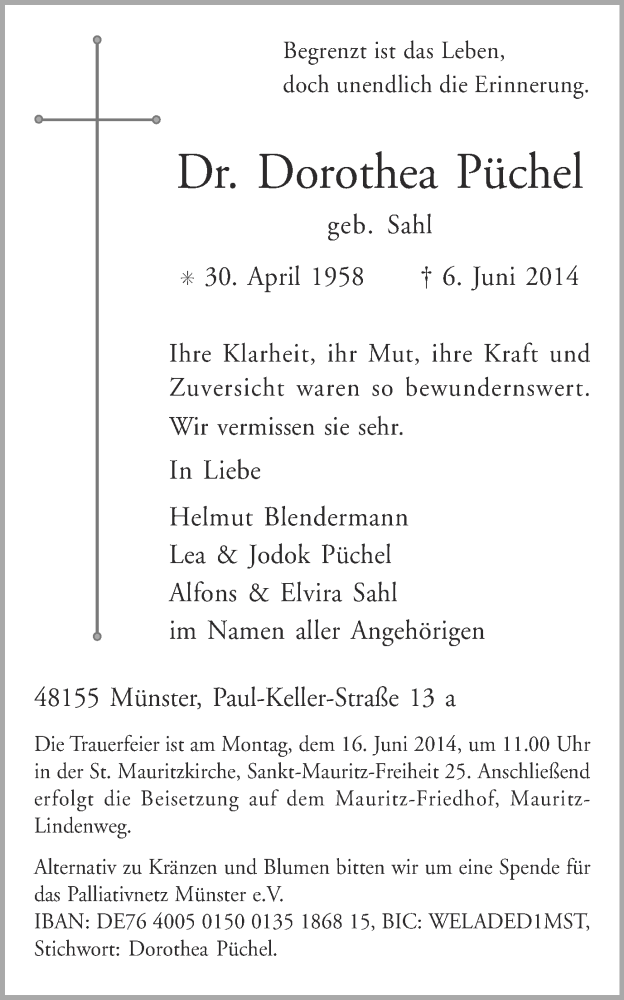  Traueranzeige für Dorothea Püchel vom 12.06.2014 aus Münstersche Zeitung und Grevener Zeitung
