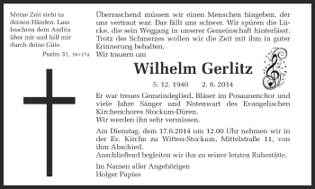 Traueranzeige von Wilhelm Gerlitz von Ruhr Nachrichten