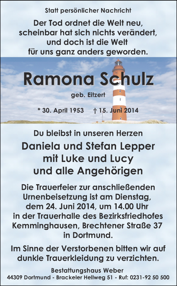 Traueranzeigen Von Ramona Schulz Sich Erinnern De