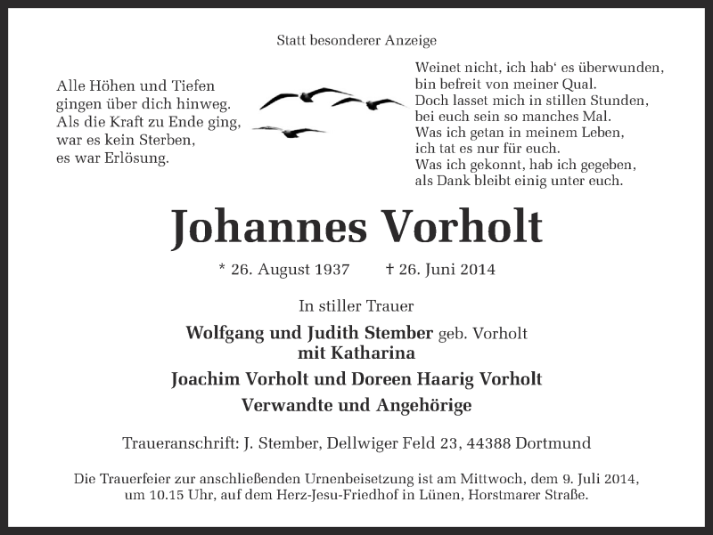 Traueranzeigen Von Johannes Vorholt Sich Erinnern De