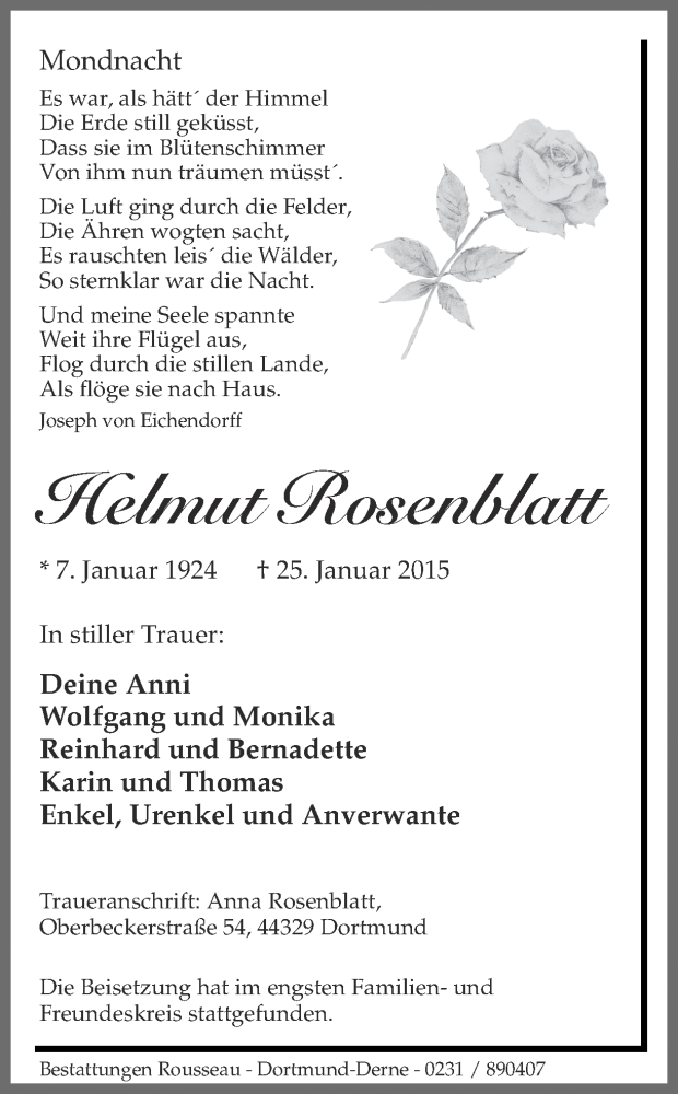  Traueranzeige für Helmut Rosenblatt vom 31.01.2015 aus Ruhr Nachrichten