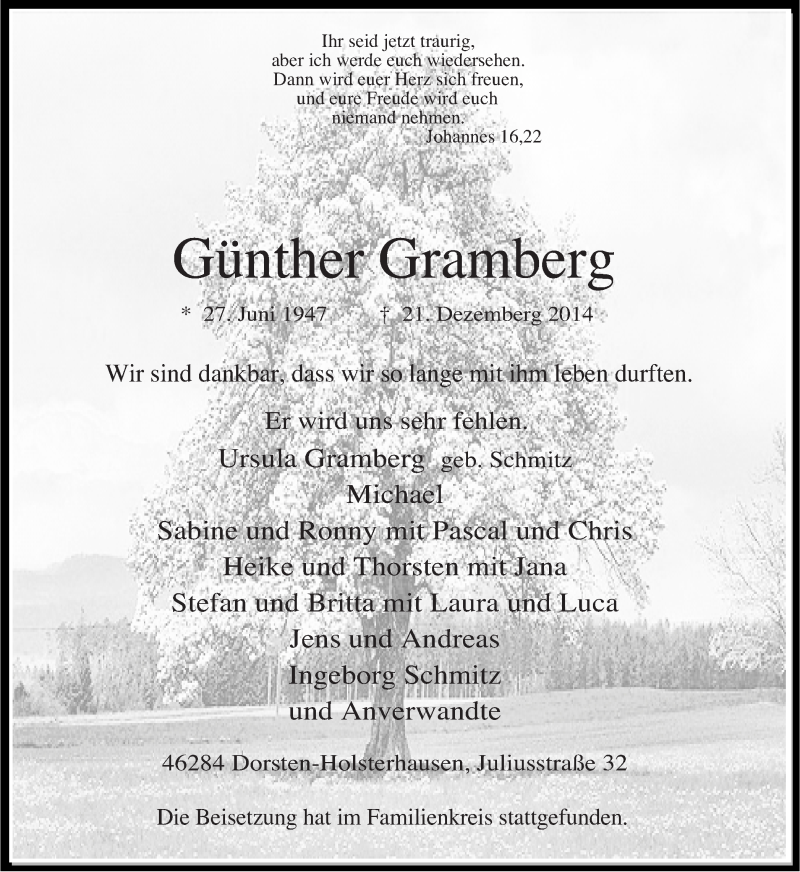  Traueranzeige für Günther Gramberg vom 08.01.2015 aus Ruhr Nachrichten und Dorstener Zeitung