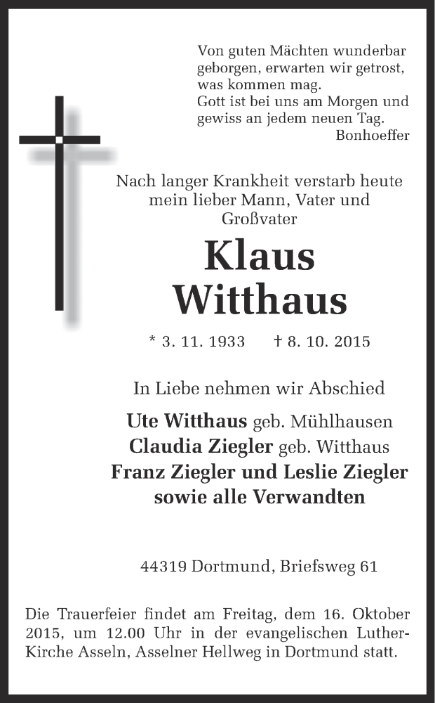  Traueranzeige für Klaus Witthaus vom 14.10.2015 aus Ruhr Nachrichten