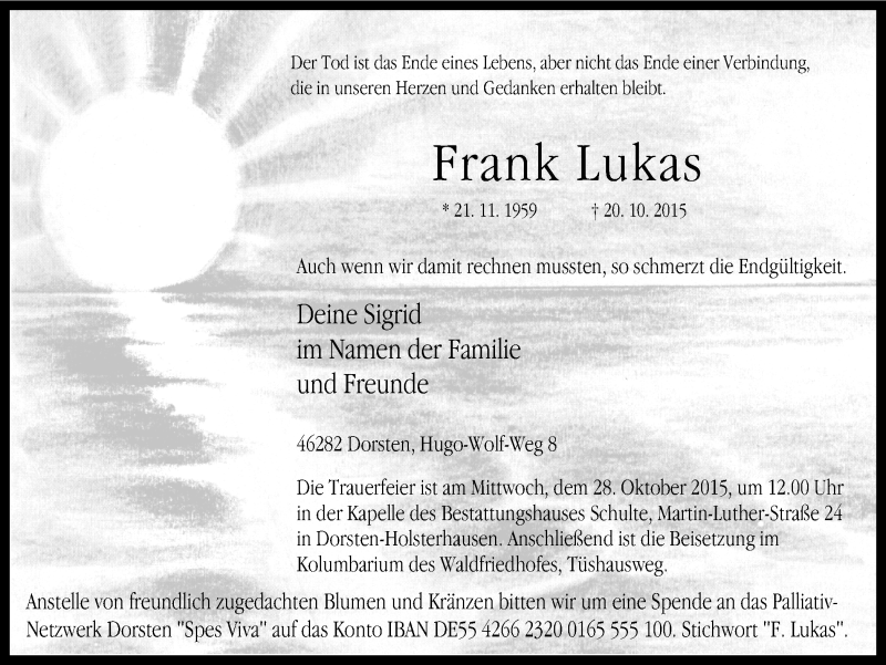  Traueranzeige für Frank Lukas vom 24.10.2015 aus Ruhr Nachrichten und Dorstener Zeitung