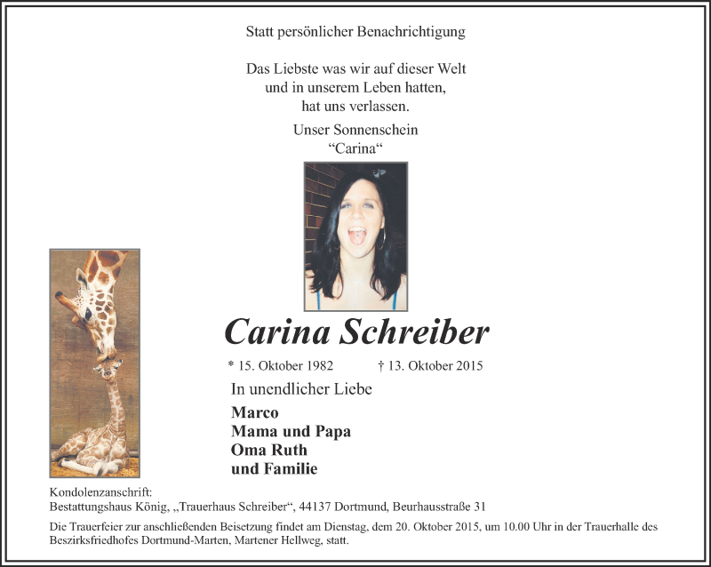  Traueranzeige für Carina Schreiber vom 17.10.2015 aus Ruhr Nachrichten