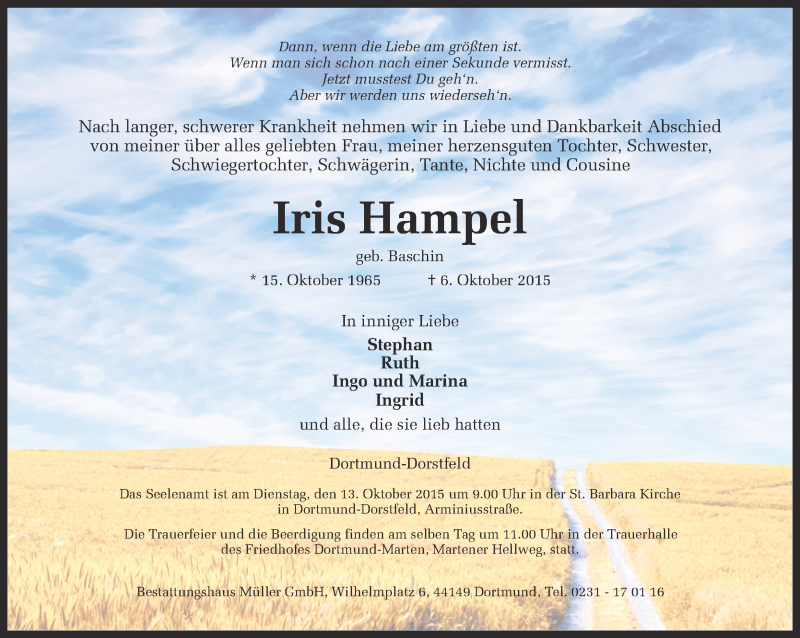 Traueranzeige für Iris Hampel vom 10.10.2015 aus Ruhr Nachrichten