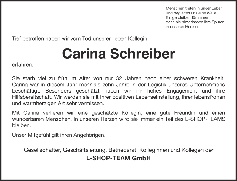  Traueranzeige für Carina Schreiber vom 17.10.2015 aus Ruhr Nachrichten