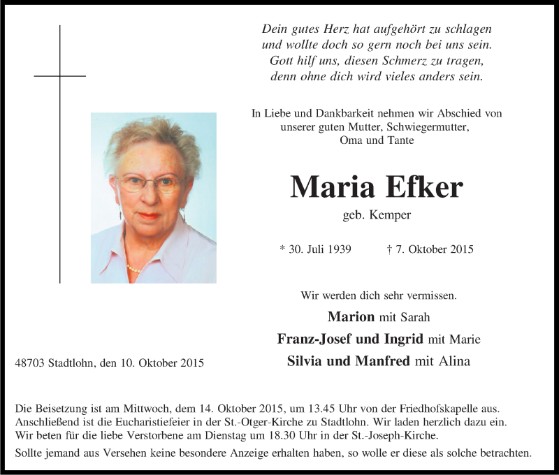  Traueranzeige für Maria Efker vom 10.10.2015 aus Münstersche Zeitung und Münsterland Zeitung