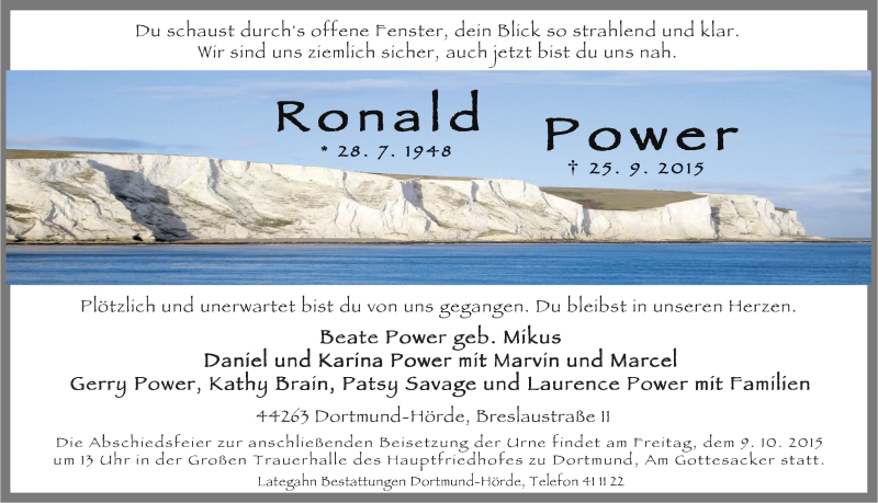  Traueranzeige für Ronald Power vom 03.10.2015 aus Ruhr Nachrichten