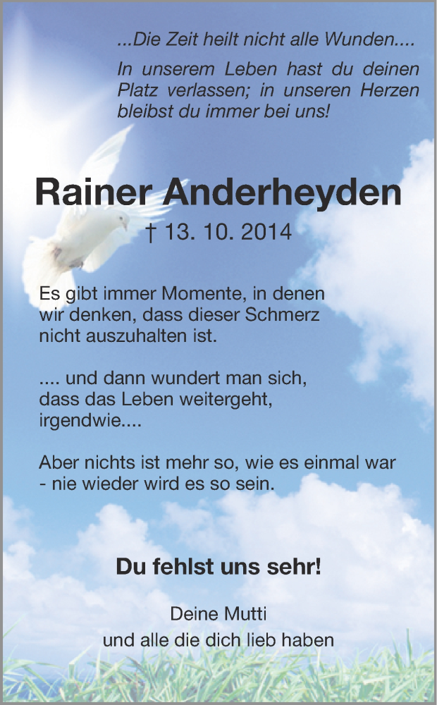  Traueranzeige für Rainer Anderheyden vom 13.10.2015 aus 