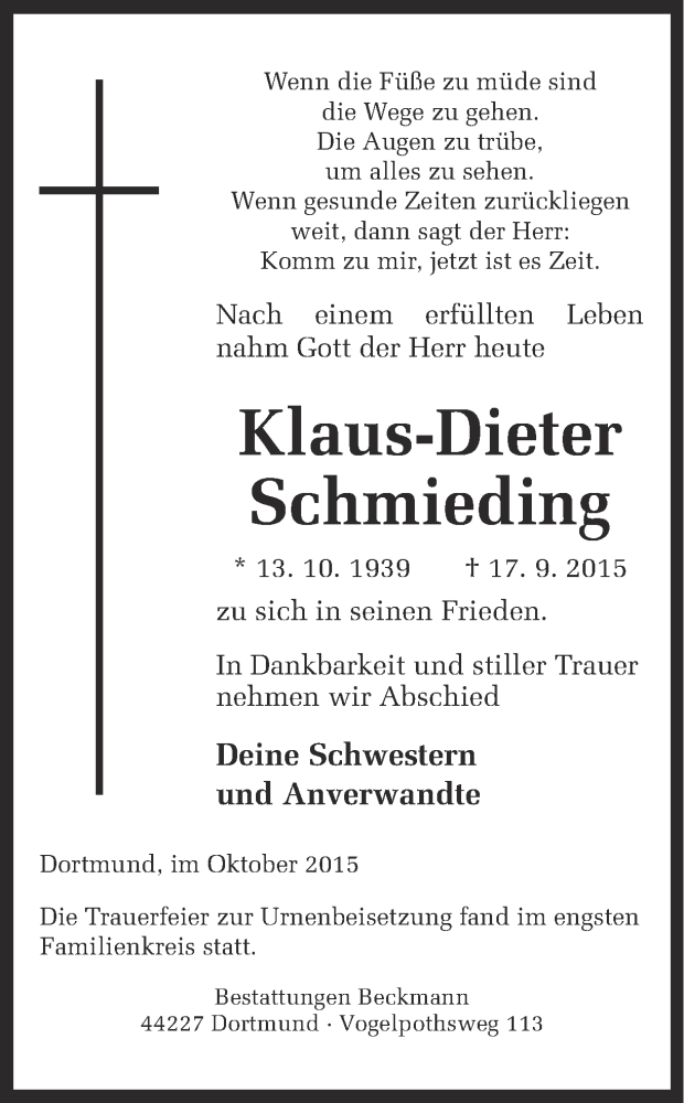  Traueranzeige für Klaus-Dieter Schmieding vom 03.10.2015 aus Ruhr Nachrichten