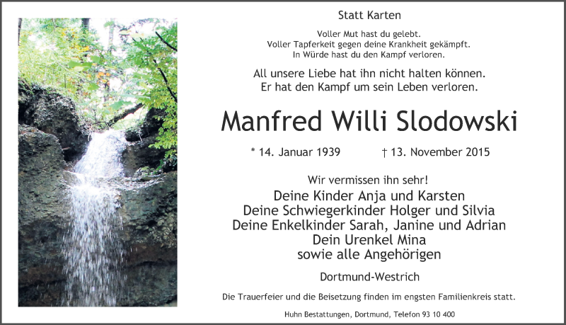  Traueranzeige für Manfred Willi Slodowski vom 21.11.2015 aus Ruhr Nachrichten