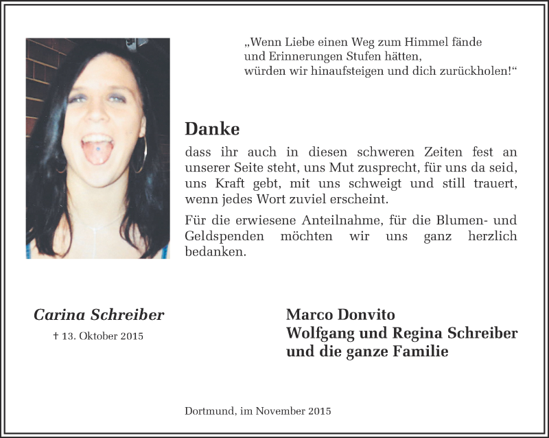  Traueranzeige für Carina Schreiber vom 07.11.2015 aus Ruhr Nachrichten