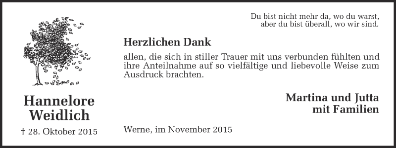  Traueranzeige für Hannelore Weidlich vom 28.11.2015 aus Ruhr Nachrichten