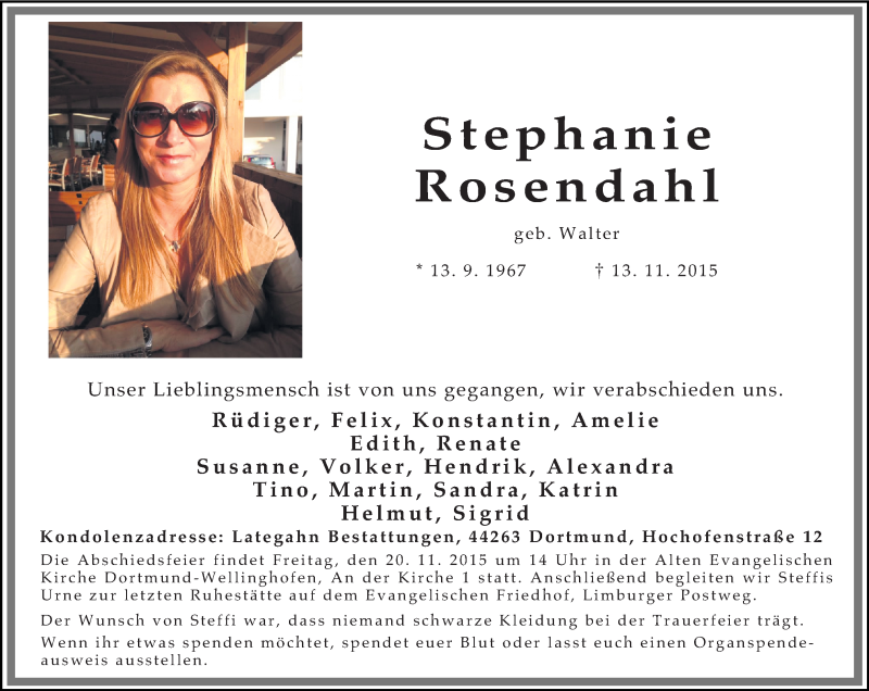  Traueranzeige für Stephanie Rosendahl vom 18.11.2015 aus Ruhr Nachrichten