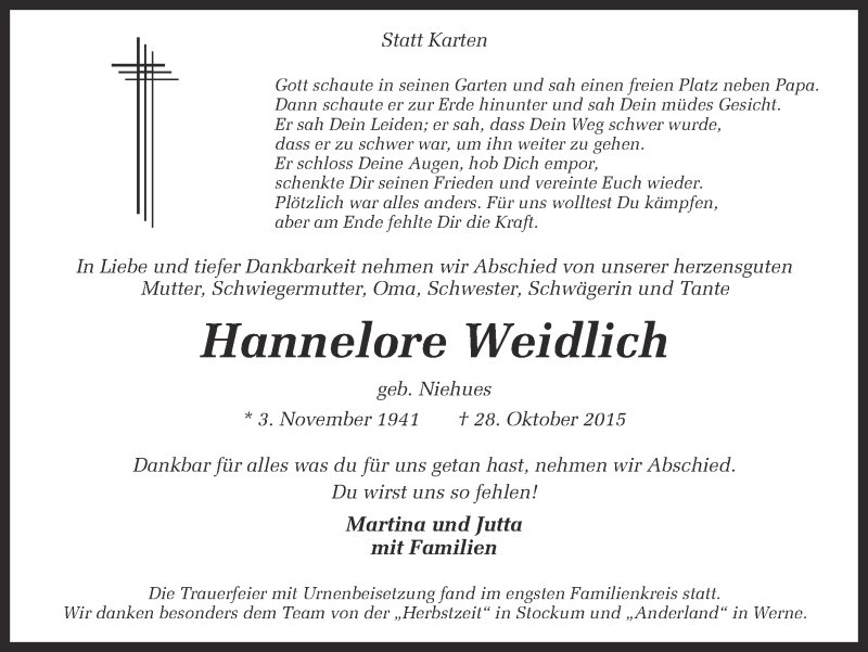  Traueranzeige für Hannelore Weidlich vom 03.11.2015 aus Ruhr Nachrichten