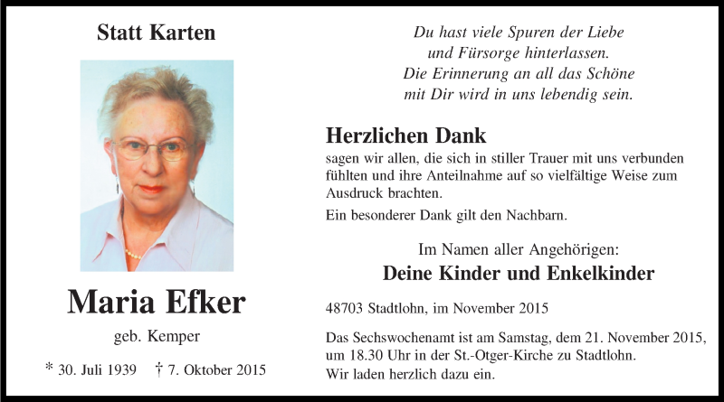  Traueranzeige für Maria Efker vom 18.11.2015 aus Münstersche Zeitung und Münsterland Zeitung