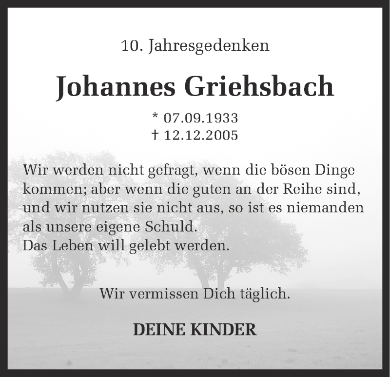  Traueranzeige für Johannes Griehsbach vom 12.12.2015 aus Ruhr Nachrichten