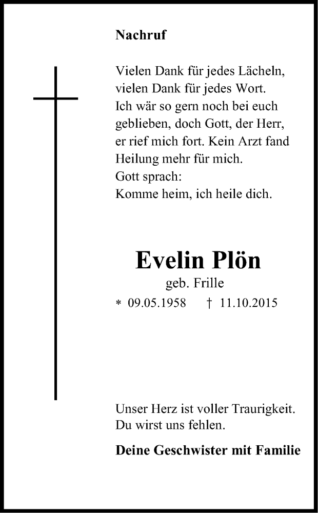  Traueranzeige für Evelin Plön vom 12.12.2015 aus Ruhr Nachrichten