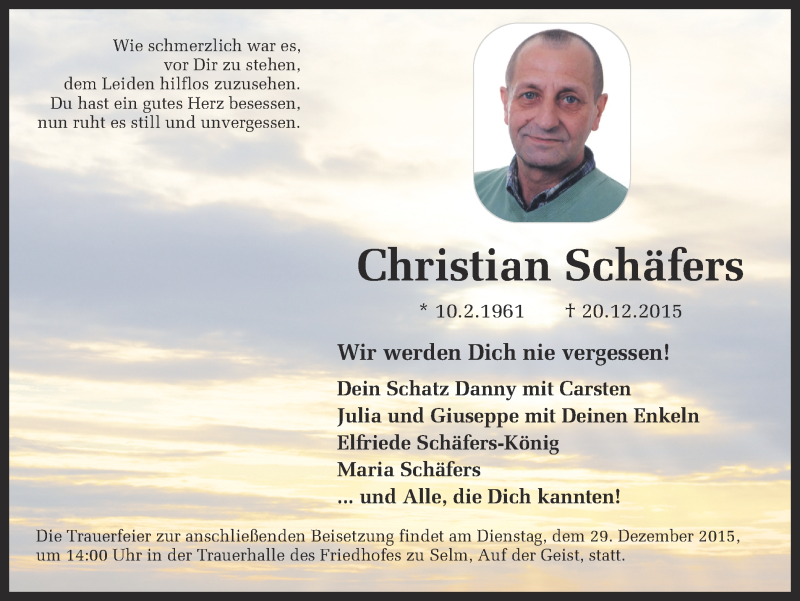  Traueranzeige für Christian Schäfers vom 24.12.2015 aus Ruhr Nachrichten
