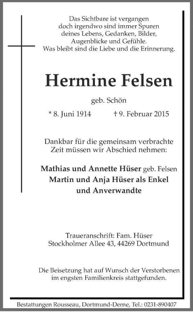 Traueranzeigen Von Hermine Felsen Sich Erinnern De