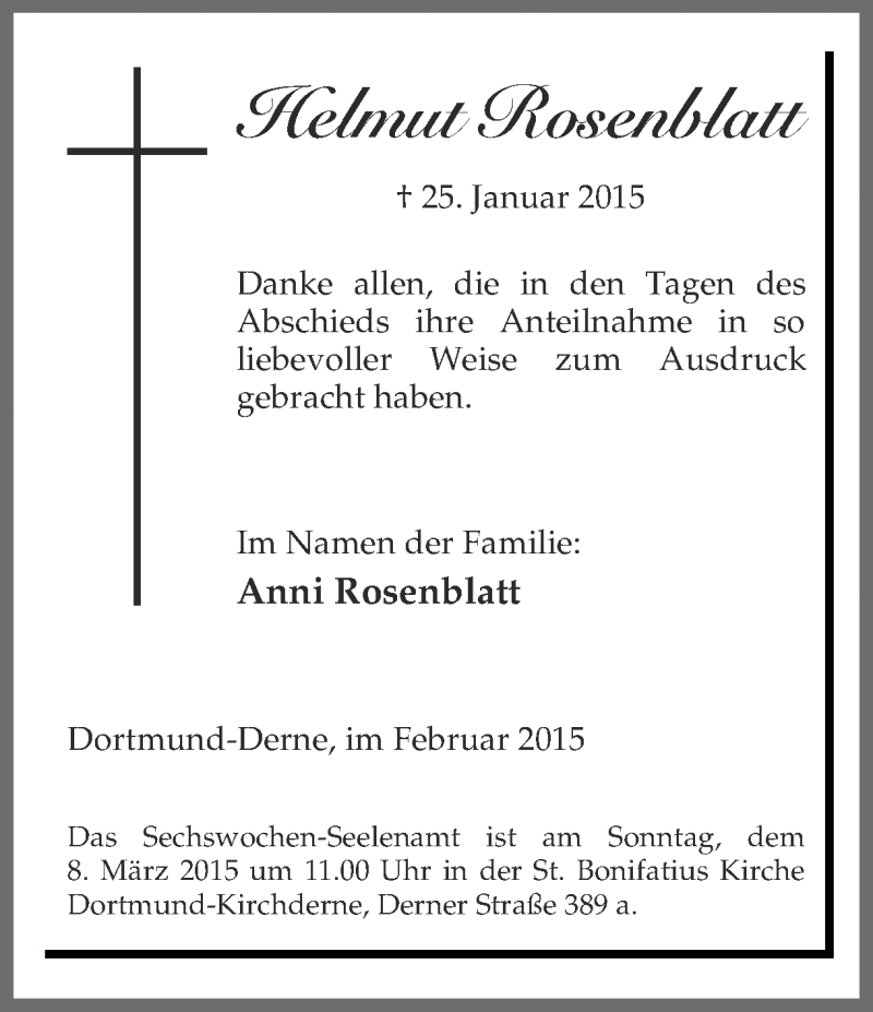  Traueranzeige für Helmut Rosenblatt vom 28.02.2015 aus Ruhr Nachrichten