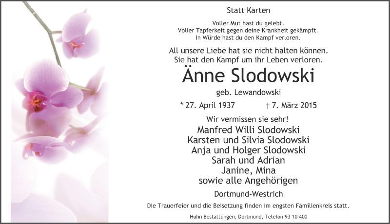  Traueranzeige für Änne Slodowski vom 11.03.2015 aus Ruhr Nachrichten