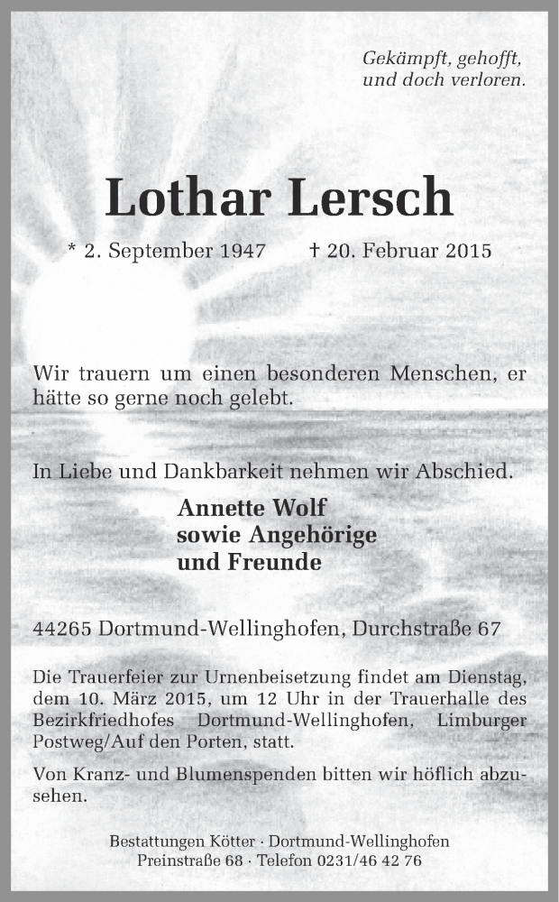  Traueranzeige für Lothar Lersch vom 06.03.2015 aus Ruhr Nachrichten