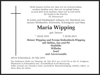 Traueranzeige von Maria Wipping von Ruhr Nachrichten und Dorstener Zeitung