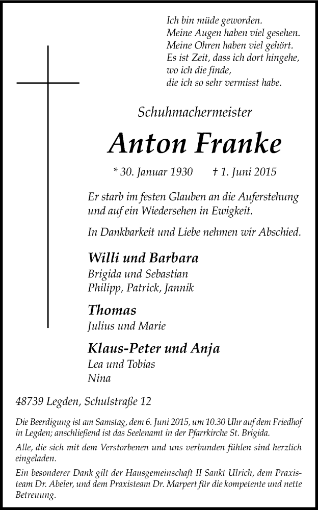 Traueranzeigen Von Anton Franke Sich Erinnern De