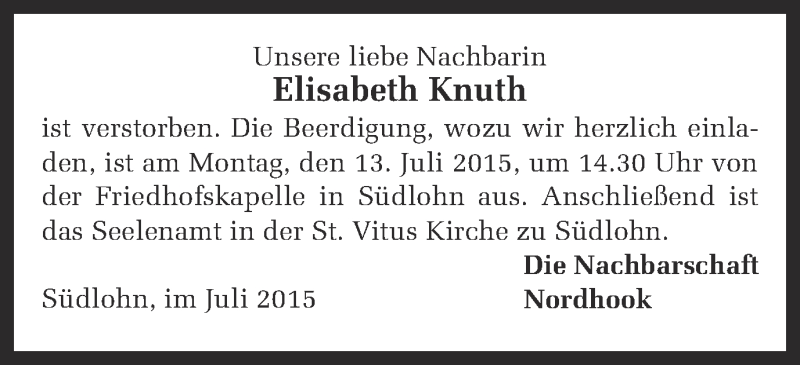  Traueranzeige für Elisabeth Knuth vom 11.07.2015 aus Münstersche Zeitung und Münsterland Zeitung