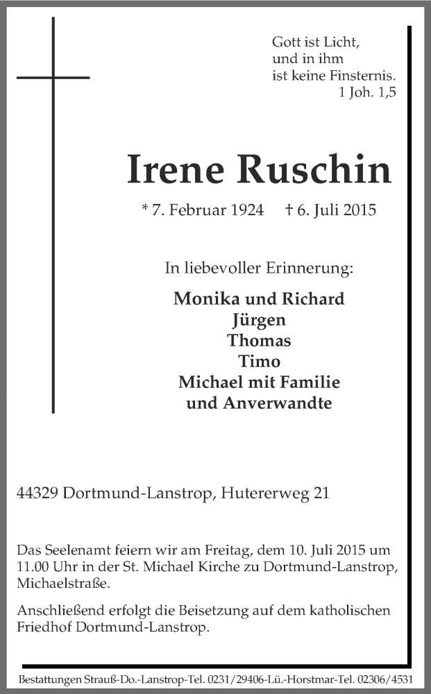  Traueranzeige für Irene Ruschin vom 08.07.2015 aus Ruhr Nachrichten