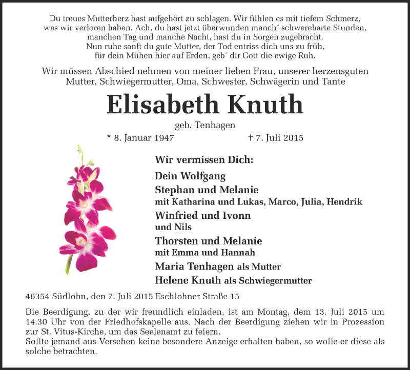  Traueranzeige für Elisabeth Knuth vom 10.07.2015 aus Münstersche Zeitung und Münsterland Zeitung