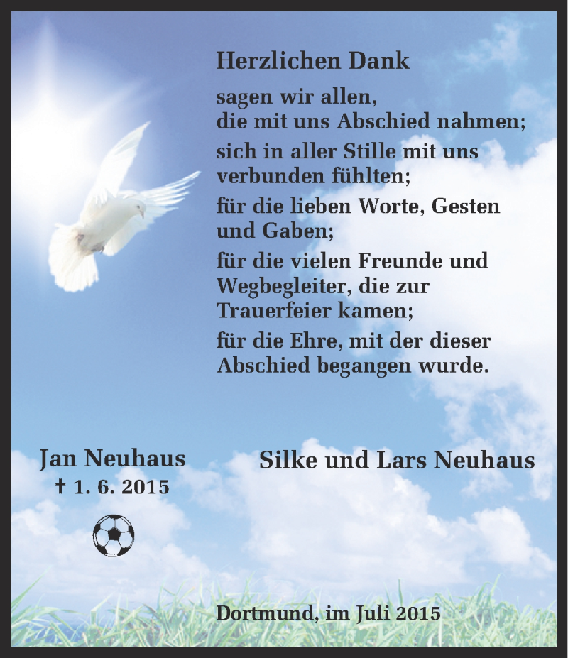  Traueranzeige für Jan Neuhaus vom 18.07.2015 aus Ruhr Nachrichten