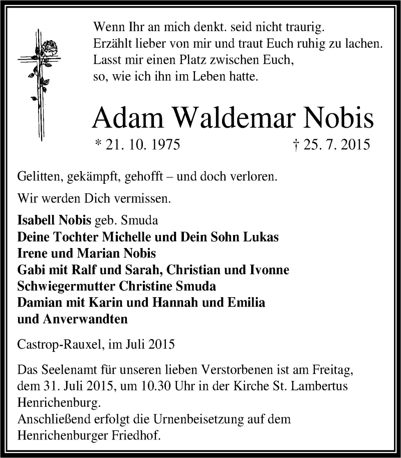  Traueranzeige für Adam Waldemar Nobis vom 30.07.2015 aus Ruhr Nachrichten