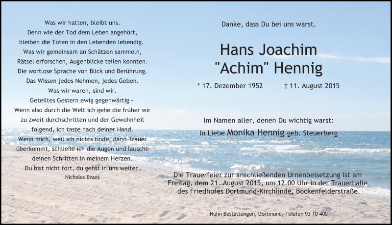  Traueranzeige für Hans Joachim Hennig vom 15.08.2015 aus Ruhr Nachrichten