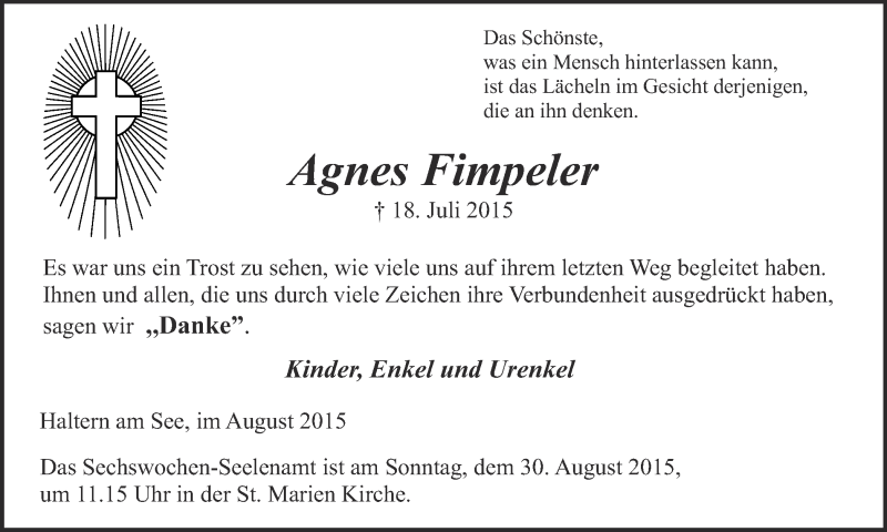  Traueranzeige für Agnes Fimpeler vom 26.08.2015 aus Ruhr Nachrichten und Halterner Zeitung