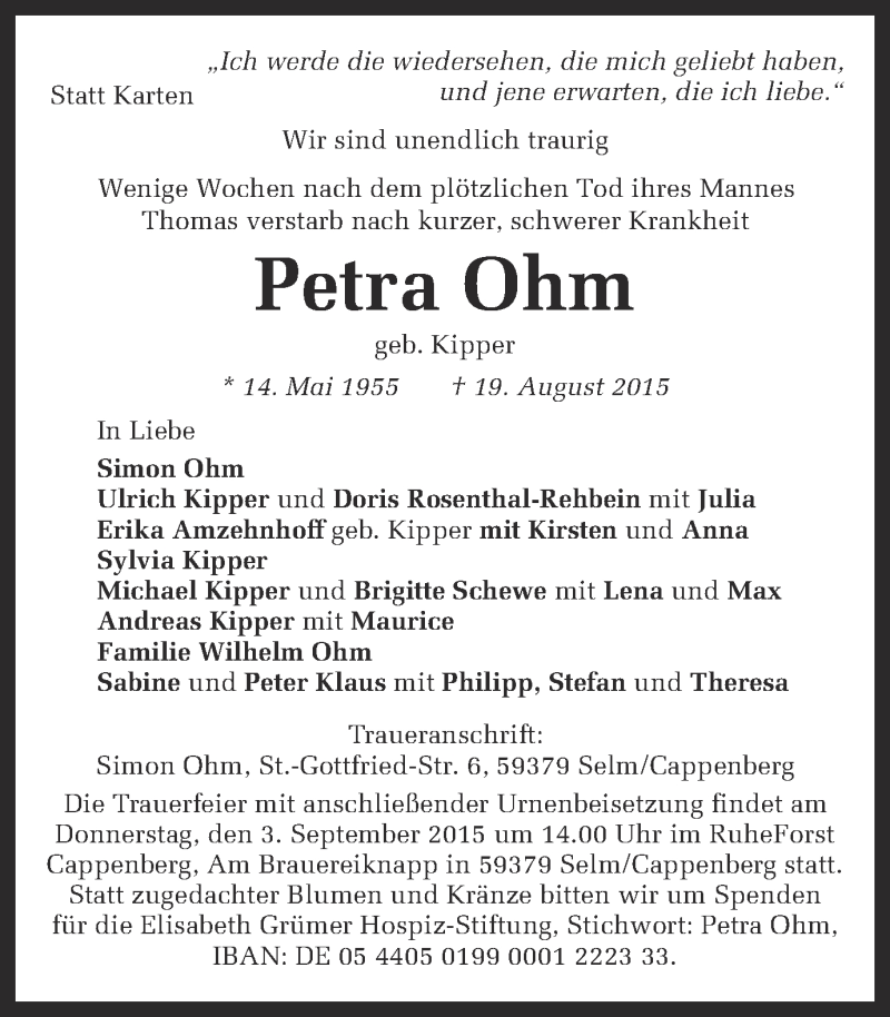  Traueranzeige für Petra Ohm vom 29.08.2015 aus Ruhr Nachrichten