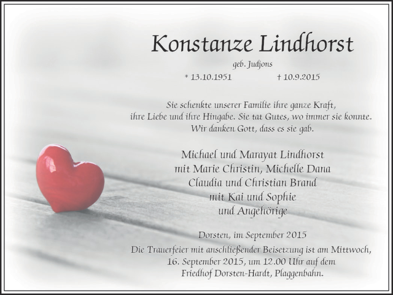  Traueranzeige für Konstanze Lindhorst vom 12.09.2015 aus Ruhr Nachrichten und Dorstener Zeitung