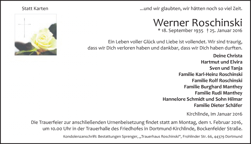  Traueranzeige für Werner Roschinski vom 28.01.2016 aus Ruhr Nachrichten