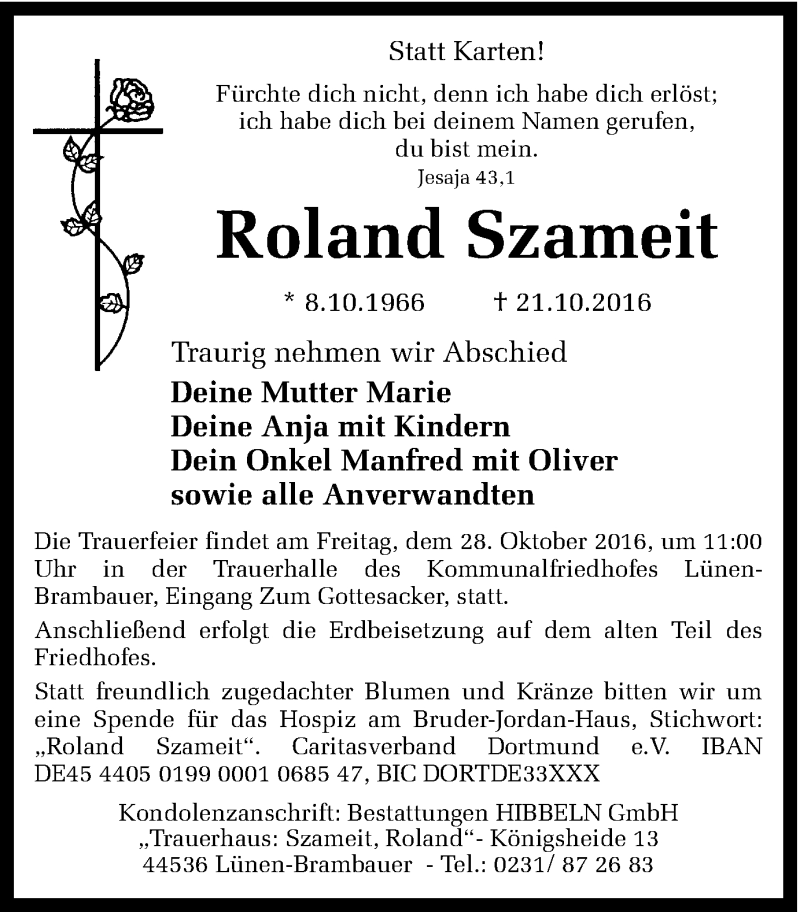  Traueranzeige für Roland Szameit vom 25.10.2016 aus Ruhr Nachrichten
